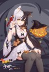  1girl 2023 :d absurdres animal_ears artist_logo artist_name azumi_(8809464) black_bow black_hair black_vest bow bow_legwear breasts dated dress dress_bow ear_ornament fang fox_ears frilled_wrist_cuffs frills garter_straps grey_background grey_thighhighs halloween hand_on_own_knee hand_up hat highres jack-o&#039;-lantern looking_at_viewer multicolored_hair nail_polish open_mouth orange_bow orange_ribbon original ribbon signature sitting small_breasts smile solo sparkle striped_ribbon thigh-highs two-tone_hair vest white_dress white_hair witch_hat wrapped_candy wrist_cuffs yellow_eyes 