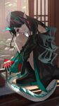  00kashian00 1girl arknights arm_tattoo black_hair black_jacket dragon_girl dragon_horns dragon_tail dress dusk_(arknights) green_hair hair_over_one_eye highres holding horns jacket looking_at_viewer multicolored_hair off_shoulder one_eye_covered pointy_ears red_eyes sitting skirt solo streaked_hair tail tattoo 