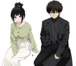  1boy 1girl alternate_costume belt_buckle black_coat black_hair black_pants black_sweater blush buckle cardigan casual chitanda_eru coat feet_out_of_frame green_cardigan hair_between_eyes hair_bun hand_in_pocket highres hyouka invisible_chair long_skirt looking_at_viewer mery_(yangmalgage) oreki_houtarou pants sidelocks simple_background single_hair_bun sitting skirt sleeves_past_wrists smile sweater turtleneck turtleneck_sweater violet_eyes white_background white_skirt 