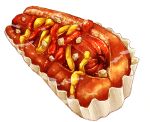  bread food food_focus highres hot_dog hot_dog_bun kaneko_ryou ketchup meat mustard no_humans original sausage simple_background still_life white_background 