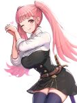  1girl ;p absurdres belt breasts dress fire_emblem fire_emblem:_three_houses garreg_mach_monastery_uniform gonzarez highres hilda_valentine_goneril large_breasts long_sleeves looking_at_viewer one_eye_closed own_hands_together skindentation smile solo sword thigh-highs thighs tongue tongue_out twintails weapon white_background 