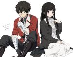  1boy 1girl alternate_costume bandaged_arm bandages black_hair black_robe blush chitanda_eru cosplay dress fern_(sousou_no_frieren) fern_(sousou_no_frieren)_(cosplay) half_updo hyouka jacket korean_text mery_(yangmalgage) oreki_houtarou red_jacket robe simple_background sitting sousou_no_frieren stark_(sousou_no_frieren) stark_(sousou_no_frieren)_(cosplay) translation_request violet_eyes white_background white_dress 