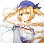  1girl baseball_cap blonde_hair blue_headwear closed_mouth commentary dokibird_(vtuber) english_commentary floating_hair glint green_eyes grey_jacket hair_between_eyes hair_ribbon hat highres indie_virtual_youtuber jacket long_hair looking_at_viewer mikantine open_clothes open_jacket ribbon sidelocks simple_background smile solo twintails upper_body very_long_hair virtual_youtuber white_background 
