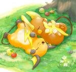  absurdres akaneko_tama alolan_raichu closed_eyes commentary_request day flower food fruit grass highres lying no_humans on_back outdoors pokemon pokemon_(creature) raichu smile white_flower 