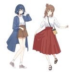  2girls ahoge arm_up bag black_footwear blue_hair blue_jacket breasts brown_hair brown_shorts cevio closed_mouth converse fashion full_body grey_footwear hair_bun handbag highres jacket jewelry looking_at_viewer medium_hair minatsuki_(m1natsuk1) multiple_girls pendant pleated_skirt red_skirt sandals satou_sasara shirt shorts sidelocks simple_background single_hair_bun skirt skirt_hold small_breasts socks standing standing_on_one_leg suzuki_tsudumi white_background white_shirt white_socks 