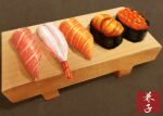  absurdres brown_background fish_(food) food food_focus highres kaneko_ryou meat no_humans original roe still_life sushi sushi_geta 