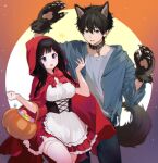  1boy 1girl ^^^ animal_costume animal_ears apron arms_up belt belt_collar big_bad_wolf big_bad_wolf_(cosplay) black_belt black_hair bow breasts chitanda_eru cloak collar corset cosplay cross-laced_clothes denim dress fake_tail fang fingernails full_moon green_eyes halloween halloween_bucket halloween_costume highres hood hooded_cloak hyouka jacket jeans large_breasts little_red_riding_hood little_red_riding_hood_(grimm) little_red_riding_hood_(grimm)_(cosplay) long_hair looking_at_another mery_(yangmalgage) moon open_mouth oreki_houtarou pants red_cloak red_dress shirt short_dress short_hair signature starry_background surprised sweatdrop tail thigh-highs thighs torn_clothes torn_jacket torn_shirt violet_eyes waist_apron white_thighhighs wolf_boy wolf_costume wolf_ears wolf_tail zettai_ryouiki 