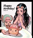  1girl 2boys antlers black_border black_hair blue_eyes blush border cake commentary_request dated eyewear_on_head food happy_birthday hat highres horns long_hair looking_down multiple_boys nico_robin one_piece plate ponzu_three2 purple_nails reindeer_antlers sanji_(one_piece) simple_background sitting sweatdrop table tony_tony_chopper white_background 