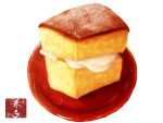  cake castella_(food) cream food food_focus highres kaneko_ryou no_humans original plate simple_background still_life white_background 