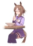  1girl animal_ears blush bow bowl bowtie chopsticks closed_eyes closed_mouth feet_out_of_frame fine_motion_(umamusume) hair_bun highres horse_ears horse_girl horse_tail invisible_chair katuko_deluxe long_sleeves own_hands_clasped own_hands_together purple_shirt purple_skirt purple_thighhighs sailor_collar school_uniform shirt short_hair simple_background sitting skirt smile solo table tail thigh-highs tracen_school_uniform umamusume white_background 