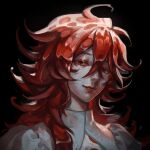  1other black_background closed_mouth flipped_hair hair_between_eyes highres houseki_no_kuni long_hair looking_at_viewer mapomap0 moon_uniform_(houseki_no_kuni) other_focus padparadscha_(houseki_no_kuni) portrait red_eyes red_lips red_theme redhead simple_background smile solo 