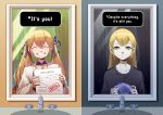  1girl absurdres black_nails blonde_hair closed_eyes dokibird_(vtuber) empty_eyes english_text female_pov green_eyes grin hair_between_eyes highres holding holding_paper holding_wig indie_virtual_youtuber khoaphan96 long_hair looking_at_viewer nijisanji nijisanji_en paper pov purple_hair selen_tatsuki sink smile tears twintails undertale virtual_youtuber 