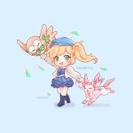  1girl artist_name blonde_hair blue_background blue_dress blue_headwear character_request chibi commentary dokibird_(vtuber) dress english_commentary full_body green_eyes grey_jacket hat indie_virtual_youtuber jacket layered_dress long_sleeves mootecky open_clothes open_jacket open_mouth pokemon pokemon_(creature) short_dress simple_background smile standing virtual_youtuber 