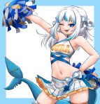  1girl absurdres armpits blue_eyes blue_hair blunt_bangs character_name cheering cheerleader crop_top fins fish_tail gawr_gura grey_hair hair_ornament highres holding holding_pom_poms hololive hololive_english long_hair looking_at_viewer midriff miniskirt multicolored_hair navel open_mouth pleated_skirt pom_pom_(cheerleading) shark_girl shark_tail skirt smile solo streaked_hair superfann3 tail teeth virtual_youtuber white_skirt 