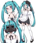  1girl alternate_costume aqua_eyes aqua_hair bare_shoulders bespectacled black_sleeves blue_eyes bow detached_sleeves earrings enmaided frilled_thighhighs frills garter_straps gas_mask glasses hatsune_miku highres jewelry long_hair looking_at_viewer maid mask mask_on_head mirumiru_(miru36i) sleeveless smile solo thigh-highs twintails very_long_hair vocaloid white_background white_bow 