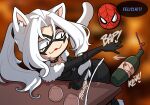  1girl animal_ears black_cat_(marvel) black_eyes blurry blurry_background bodysuit cat_ears cat_girl cat_tail chibi english_text eye_mask felicia_hardy kinkymation long_hair marvel ponytail red_lips slit_pupils speech_bubble spider-man spider-man_(series) tail white_hair 