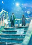  1boy 1girl black_pants brown_coat brown_hair brown_skirt clouds coat crescent_moon envelope green_coat highres lamppost moon night original outdoors pants skirt snow snowflakes stairs sweater tamaki_(tamaki_illust) white_sweater 