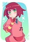  1girl absurdres blush buzzlyears fingerless_gloves gloves green_eyes highres hood hoodie looking_at_viewer mega_man_(series) mega_man_star_force musical_note pink_hoodie redhead short_hair simple_background solo sonia_strumm_(mega_man) 