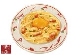  bacon cheese food food_focus highres kaneko_ryou no_humans original pasta plate simple_background spaghetti still_life white_background 