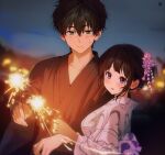  1boy 1girl :d artist_logo black_hair black_kimono bow breasts brown_hair chitanda_eru collarbone flower from_side green_eyes hair_flower hair_ornament happy highres holding hyouka japanese_clothes kimono large_breasts light long_sleeves mery_(yangmalgage) night open_mouth oreki_houtarou outdoors pink_bow pink_eyes pink_flower short_hair smile sweatdrop upper_body wavy_mouth 