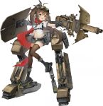  1girl ahoge artist_request ash_arms bandaid bandaid_on_face bandaid_on_nose bison_(ash_arms) blush boots breasts brown_hair cannon fang full_body gloves goggles goggles_on_head hair_between_eyes hair_ornament mecha_musume midriff navel official_art open_mouth ponytail scarf small_breasts solo thigh-highs transparent_background 