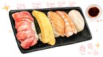  absurdres food food_focus highres kaneko_ryou no_humans omelet original rice salmon seafood shrimp simple_background sparkle squid still_life sushi tuna white_background 