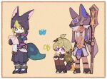  1girl 2boys :d ahoge animal_ear_fluff animal_ears animal_hat belt black_choker black_footwear black_gloves black_hair black_pants black_ribbon blue_butterfly blue_headwear blunt_ends boots border bright_pupils brown_eyes brown_thighhighs bug butterfly cape capelet capri_pants choker closed_mouth collei_(genshin_impact) crossed_bangs cyno_(genshin_impact) dark-skinned_male dark_skin earrings egyptian_clothes fake_animal_ears fox_boy fox_ears fox_tail genshin_impact gloves green_butterfly green_capelet green_eyes green_hair grey_hair hair_between_eyes hair_ornament hair_over_one_eye hands_up hat hat_ribbon holding holding_paper holding_polearm holding_weapon hood hood_down hoodie jackal_ears jewelry long_hair looking_at_viewer medium_hair multicolored_clothes multicolored_eyes multicolored_hair multiple_boys nploser one_eye_covered open_mouth orange_background pants paper polearm purple_sash red_eyes ribbon sash shoes short_hair short_sleeves simple_background single_earring smile squatting staff_of_the_scarlet_sands_(genshin_impact) standing streaked_hair tail thigh-highs tighnari_(genshin_impact) usekh_collar violet_eyes vision_(genshin_impact) weapon white_border white_pupils yellow_cape 