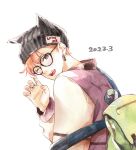  1boy aza-koi backpack bag beanie bespectacled black-framed_eyewear black_headwear claw_pose commentary_request dated ear_piercing earrings fingernails from_side glasses green_bag green_eyes hand_up hat headwear_writing highres jacket jewelry kurachi_yone long_sleeves looking_at_viewer looking_to_the_side male_focus moji_haruki multicolored_clothes multicolored_jacket one_eye_closed open_mouth orange_hair piercing purple_jacket round_eyewear short_hair simple_background solo teeth two-tone_jacket upper_body upper_teeth_only white_background white_jacket white_sleeves zipper 