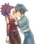  1boy 1girl blue_hair blush cowboy_shot falkner_(pokemon) hand_on_another&#039;s_chin hetero imminent_kiss jacket janine_(pokemon) kabedon looking_at_another moe_(hamhamham) pokemon pokemon_hgss purple_hair simple_background sweat white_background 