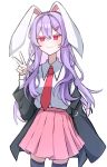  1girl animal_ears black_jacket hair_ornament hairclip jacket long_hair looking_at_viewer necktie open_clothes open_jacket pink_skirt purple_hair rabbit_ears rabbit_girl red_eyes red_necktie reisen_udongein_inaba shirt simple_background skirt solo thigh-highs touhou v white_background white_shirt yuki6220821 