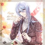  1boy blue_hair blurry blurry_foreground brown_coat cael_anselm cake cake_slice cheesecake closed_mouth coat daisy dated elbow_rest flower food hair_between_eyes happy_birthday head_rest holding holding_spoon jam light_blue_hair long_bangs long_hair long_sleeves looking_at_viewer lovebrush_chronicles male_focus newspaper official_alternate_costume phillyanna plaid plaid_coat plate ribbed_sweater sitting smile solo spoon sweater table turtleneck turtleneck_sweater upper_body violet_eyes white_background white_sweater wind_chime yellow_flower 
