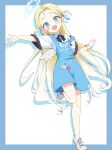  1girl :d absurdres angel_wings apron bare_legs black_bow black_bowtie blonde_hair blue_apron blue_archive blue_border blue_eyes blue_halo blue_ribbon blush border bow bowtie commentary feathered_wings forehead full_body hair_ribbon halo highres long_hair low_wings mini_wings outstretched_arms outstretched_hand parted_bangs ribbon scrunchie shirt short_sleeves smile solo sora_(blue_archive) spell_phd standing standing_on_one_leg strap_slip two_side_up very_long_hair white_background white_footwear white_shirt white_wings wings wrist_scrunchie 