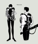  1girl 3boys baby_carry burn_scar carrying carrying_multiple_people child family greyscale_with_colored_background holding holding_sword holding_weapon hood hoodie if_they_mated jujutsu_kaisen long_sleeves merushii_(raynyhigher) multiple_boys okkotsu_yuuta scar sheath sheathed short_hair spoilers sword weapon zen&#039;in_maki 
