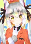  1girl animal_ears extra_ears fox_ears fox_girl gloves grey_hair hat highres island_fox_(kemono_friends) jacket kemono_friends kemono_friends_v_project long_hair looking_at_viewer necktie nekomimi_illust orange_hair ribbon shirt simple_background solo twintails upper_body virtual_youtuber yellow_eyes 