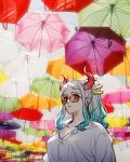  1girl earrings gradient_hair green_hair hair_ornament hair_stick horns jewelry long_hair multicolored_hair one_piece orange_eyes photo_background raine_(acke2445) red_horns shirt sunglasses too_many_umbrellas two-tone_hair umbrella upper_body white_hair white_shirt yamato_(one_piece) 