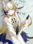  1girl arknights arm_between_legs bare_shoulders blonde_hair blue_eyes blue_hair blush closed_mouth cowboy_shot dragon_girl dragon_horns dragon_tail dutch_angle earrings grey_hair hair_between_eyes hair_intakes highres holding holding_sword holding_weapon horns jacket jewelry lai_yifen_zhayushutiao long_hair long_sleeves looking_at_viewer multicolored_hair necklace off_shoulder open_clothes open_jacket pants pointy_ears red_pupils rice_(plant) shirt shu_(arknights) sidelocks smile solo strapless strapless_shirt streaked_hair sword tail tassel tassel_earrings very_long_hair weapon white_jacket white_pants white_shirt 