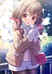  1girl bag blurry blurry_background blush brown_hair casual coat commentary_request hair_ornament heavy_breathing highres kisukekun long_hair mittens open_mouth original own_hands_together pantyhose red_eyes scarf solo winter_clothes winter_coat x_hair_ornament 