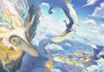  antlers bird blonde_hair clouds dragon dragon_horns eastern_dragon eyelashes floating_island flying horns light_dragon_(zelda) link looking_at_another mountainous_horizon scenery sitting spines sword sword_on_back the_legend_of_zelda the_legend_of_zelda:_tears_of_the_kingdom weapon weapon_on_back yon_yosi 