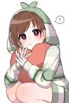  ? bare_legs blush bright_pupils brown_hair cushion heart highres hood hooded_jacket idolmaster idolmaster_cinderella_girls interlocked_fingers jacket looking_at_viewer multicolored_clothes multicolored_jacket multicolored_shorts ngoyamagata own_hands_together red_eyes shorts simple_background solo spoken_question_mark squatting tsujino_akari white_background white_pupils 