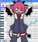  &gt;_&lt; 1girl absurdres ahoge black_shirt black_skirt black_thighhighs black_wings blurry blurry_background blush closed_eyes collared_shirt cowboy_shot cryptidhermit demon_horns demon_tail demon_wings detached_sleeves detached_wings drill_hair facing_viewer fang highres horns icon_(computing) instrument kasane_teto keyboard_(instrument) redhead shirt shoulder_tattoo skin_fang skirt sleeves_past_fingers sleeves_past_wrists solo tail tattoo thigh-highs twin_drills utau window_(computing) wings 