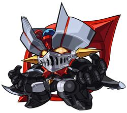  chibi full_body highres looking_at_viewer mazinger_(series) mazinger_zero_(mecha) mecha no_humans open_hands pillar_buster robot science_fiction shin_mazinger_zero simple_background solo super_robot white_background yellow_eyes 