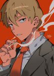  1boy brown_eyes brown_hair cigarette collared_shirt grey_jacket hair_between_eyes highres holding holding_cigarette jacket long_sleeves looking_at_viewer male_focus mob_psycho_100 necktie red_background red_necktie reigen_arataka shirt simple_background smoke solo upper_body white_shirt zikko_100 