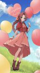  1girl absurdres aerith_gainsborough balloon blue_sky boots bracelet braid braided_ponytail brown_footwear brown_hair choker cropped_jacket dress english_text final_fantasy final_fantasy_vii final_fantasy_vii_remake flower_choker grass green_eyes hair_ribbon happy_birthday highres holding holding_balloon jacket jewelry long_dress long_hair parted_bangs pink_dress pink_ribbon red_jacket ribbon sana_(sanaa653) sidelocks sky smile twitter_username 