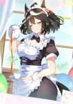  1girl absurdres ahoge alternate_costume animal_ears apron black_hair blush breasts closed_eyes closed_mouth cup enmaided highres horse_ears horse_girl horse_tail kitasan_black_(umamusume) maid maid_headdress medium_breasts medium_hair pouring ribbon smile solo sparkle sunny_(20597521) tail teacup umamusume window 