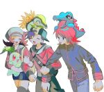  1girl 2boys ^_^ backwards_hat baseball_cap black_eyes black_hair black_headwear blush brown_hair cabbie_hat cael_cyndar chikorita closed_eyes ethan_(pokemon) hat hood hood_down jacket kyooooi1 long_sleeves lyra_(pokemon) multiple_boys on_head open_mouth pants pokemon pokemon_(creature) pokemon_hgss pokemon_on_head redhead shorts silver_(pokemon) simple_background spiky_hair sweat totodile twintails white_background white_headwear 