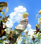  1girl blonde_hair blue_sky clouds cumulonimbus_cloud dress earrings flower from_behind highres jewelry merianaka necklace pointy_ears princess_zelda short_hair sky solo strapless strapless_dress the_legend_of_zelda the_legend_of_zelda:_tears_of_the_kingdom 