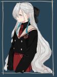  1girl alternate_costume black_bow black_jacket black_shirt blue_background blue_eyes blue_hair border bow brown_sailor_collar buttons closed_mouth collared_shirt commentary_request cropped_legs double-breasted from_side grey_hair hair_bow hair_over_one_eye highres isekai_joucho isshiki_(ffmania7) jacket kamitsubaki_studio long_hair long_sleeves looking_ahead necktie pleated_skirt profile red_necktie red_skirt sailor_collar school_uniform shirt signature simple_background skirt smile solo v_arms very_long_hair virtual_youtuber wavy_hair 