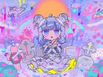  1girl 2019 2021 ahoge aqua_dress bird blood blue_bow blue_eyes blue_hair blush bone bow capelet cat censored clouds double_bun dress fake_censor flower frilled_dress frills grave graveyard hair_bun hair_flower hair_ornament highres multicolored_clothes multicolored_dress open_mouth original own_hands_together pastel_colors pill pink_blood pink_flower rainbow red_flower shirt short_hair skull solo star_(symbol) sun terada_tera unicorn white_capelet white_flower white_shirt yellow_dress 