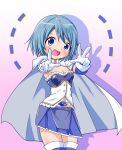  1girl :d belt blue_eyes blue_hair blue_skirt blush breasts cape cowboy_shot gloves highres looking_at_viewer magical_girl mahou_shoujo_madoka_magica mahou_shoujo_madoka_magica_(anime) miki_sayaka navel open_mouth pleated_skirt pointing short_hair skirt small_breasts smile solo soul_gem thigh-highs v white_cape white_gloves white_thighhighs yoppi98ro zettai_ryouiki 