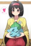  1girl black_eyes black_hair blush breasts bulbasaur closed_mouth erika_(pokemon) everyday2 hairband hakama hakama_pants heart holding holding_pokemon indoors japanese_clothes long_sleeves looking_down medium_breasts medium_hair pants pokemon pokemon_(creature) red_pants seiza sitting smile spoken_heart wide_sleeves 